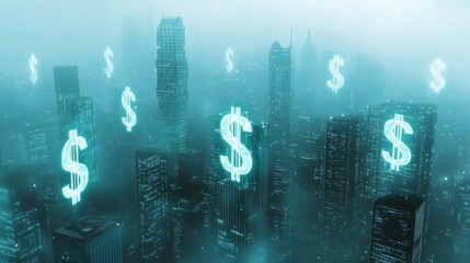 Glowing dollar signs hover above a futuristic cityscape shrouded in fog, creating a powerful visualization of finance, investment, and economic activity within a modern metropolis