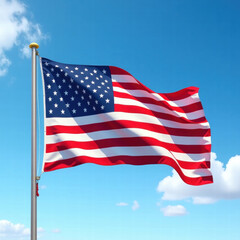 A iconic american flag waving in the wind, its thirteen horizontal stripes alternating between red and white, and a blue rectangle in the canton bearing fifty white five-pointed stars