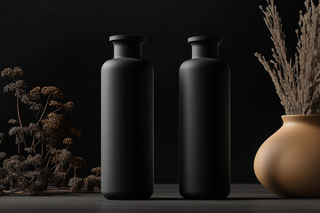 A sleek black bottle mockup displayed on a minimalist background, ideal for showcasing branding or product design.