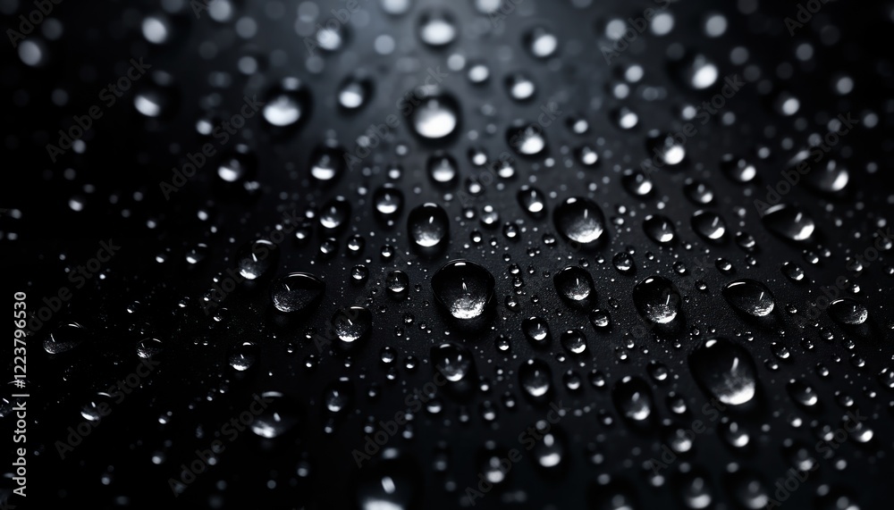 Poster close-up view of water droplets on dark surface. small water circles reflect light. abstract pattern