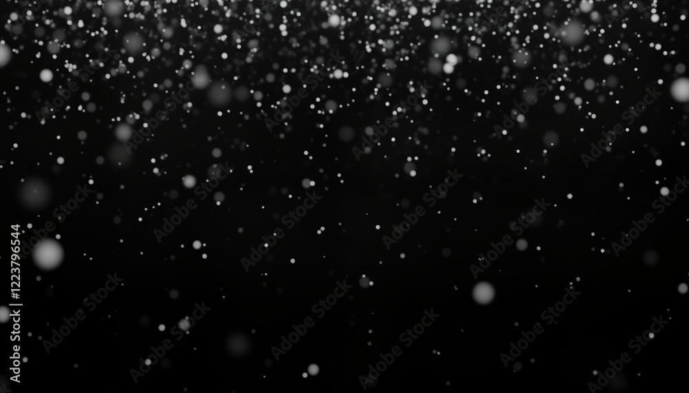 Poster abstract winter scene shows falling snow on black background. soft white snow particles fall like li