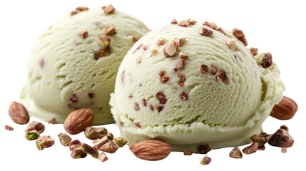 Pistachio Almond Ice Cream: Two scoops of creamy pistachio ice cream, studded with crunchy pistachios and almonds, sit invitingly amidst scattered nuts. A delectable image perfect for food blogs.