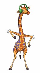 Naklejka premium Groovy Giraffe Dancing with Headphones Cartoon Illustration Fun Animal Character
