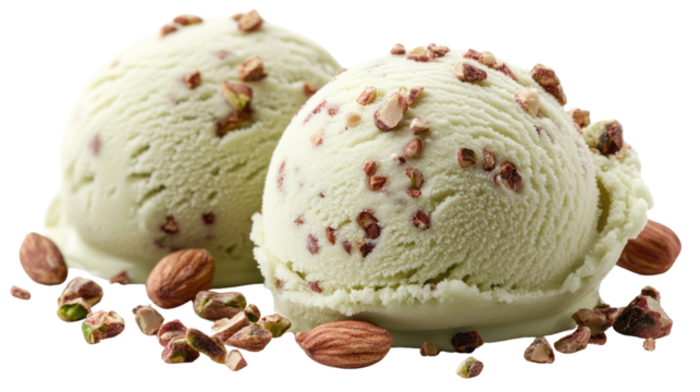 Pistachio Almond Ice Cream: Two scoops of creamy pistachio ice cream, studded with crunchy pistachios and almonds, sit invitingly amidst scattered nuts. A delectable image perfect for food blogs.