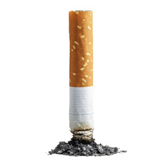 Single cigarette butt with ash isolated on transparent background