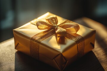 A golden gift box with a glittering ribbon, bathed in warm sunlight. Perfect for celebrations and special occasions.
