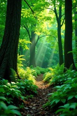 Obraz premium Green forest floor with ferns, plants, forest floor