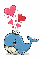 Adorable Cartoon Whale Sailor with Hearts Valentine s Day Love Cute Animal Illustration