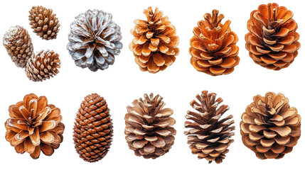 Pine Cone Collection: A diverse assortment of twelve pine cones, showcasing variations in size, shape, color, and texture, arranged against a clean backdrop.  Perfect for craft, design.