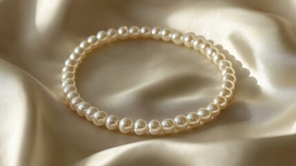 Stylish pearl strand necklace with shimmering details, displayed on a silk background.
