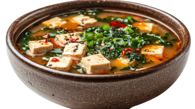 Miso Soup with Tofu and Greens: A steaming bowl of miso soup, featuring soft tofu cubes, fresh leafy greens, and a sprinkle of chili flakes for a flavorful and nutritious meal.