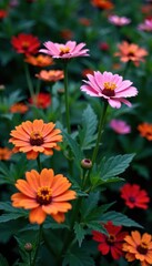 Fototapeta premium Dark blooming flowers in a messy garden, overgrown flowers, garden mess