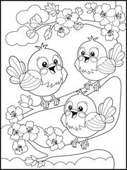 Illustration of cute birds cartoon characters. Black and white Printable bird coloring page for kids.
