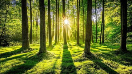 Obraz premium Sunlight streaming through the branches of tall trees, casting long shadows on the forest floor.