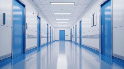 Obraz premium Sterile Hospital Corridor With Blue Doors And Walls