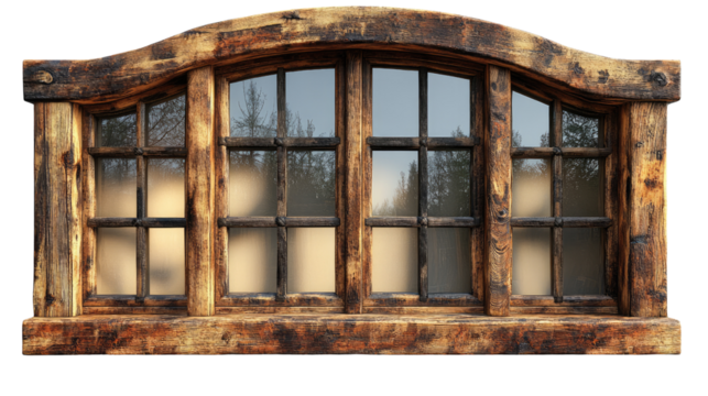 Rustic Arch Window: A weathered, rustic arch window with multiple panes of glass, showcasing its unique charm and aged character. The rich, dark brown wood adds to its antique appeal.