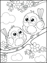 Illustration of cute birds cartoon characters. Black and white Printable bird coloring page for kids.
