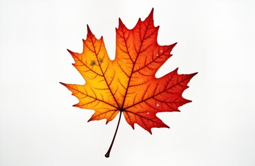 Vibrant autumn leaf with orange, red colors. Detailed leaf veins visible. Isolated on white background. Autumn season theme. Natural beauty. Fall leaf image. Ideal for seasonal design elements.