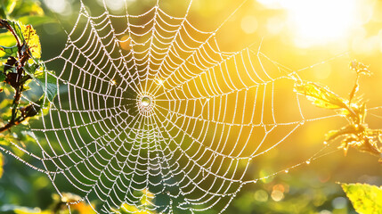 Naklejka premium Morning sunlight illuminating a dewy spider web nestled among vibrant green foliage