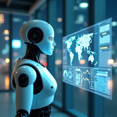 A humanoid robot in a futuristic setting