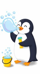 Fototapeta premium Adorable Penguin Blowing Bubbles with Wand and Bucket of Suds Playful Cartoon Illustration
