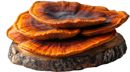 Chaga Mushroom: Close-up of a stack of chaga mushroom slices, revealing its intricate, reddish-brown, and orange-hued texture.