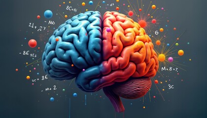 Colorful illustration of human brain divided into creative, logical sides. Brain parts highlighted in vibrant colors. Creative side explodes with colorful splashes, splatters. Mathematical formulas