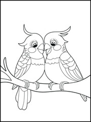 Illustration of cute birds cartoon characters. Black and white Printable bird coloring page for kids.
