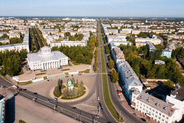 Fototapeta premium View from drone of the Palace of Culture and the Archangel Michael Chapel at Dzerzhinsk, Russia