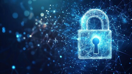 An artistic portrayal of a digital lock composed of light beams and geometric shapes set against a backdrop of abstract data s and interconnected network lines embodying the theme of