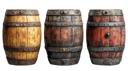 Obraz premium Rustic Wooden Barrels: A trio of aged wooden barrels with iron bands stand proudly against a blank backdrop, showcasing the intricate grain patterns and weathered textures of these vintage vessels.