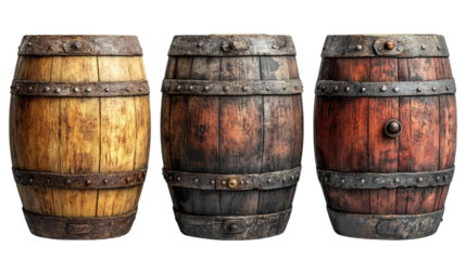 Rustic Wooden Barrels: A trio of aged wooden barrels with iron bands stand proudly against a blank backdrop, showcasing the intricate grain patterns and weathered textures of these vintage vessels.