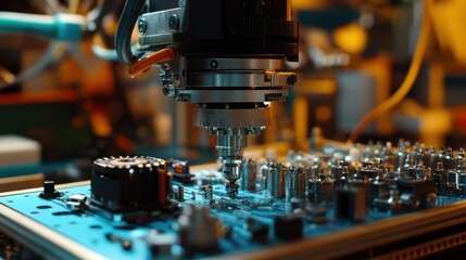 Fototapeta premium A servo motor and gear assembly mounted in an open-frame industrial system.