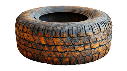 Fototapeta premium Worn-Out Tire: Close-up view of a heavily used, mud-caked tire, showing significant wear and tear. The tire's texture and degradation are prominently displayed. 