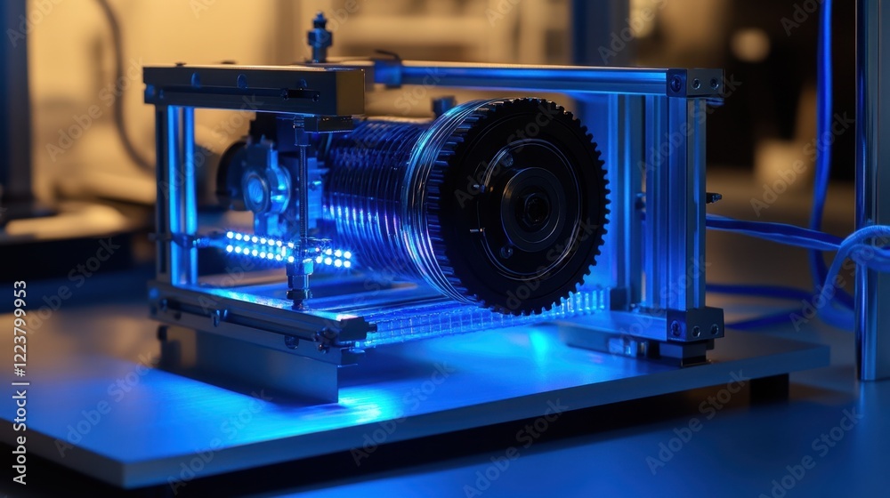 Poster a servo motor connected to a motion control module in a laboratory environment.