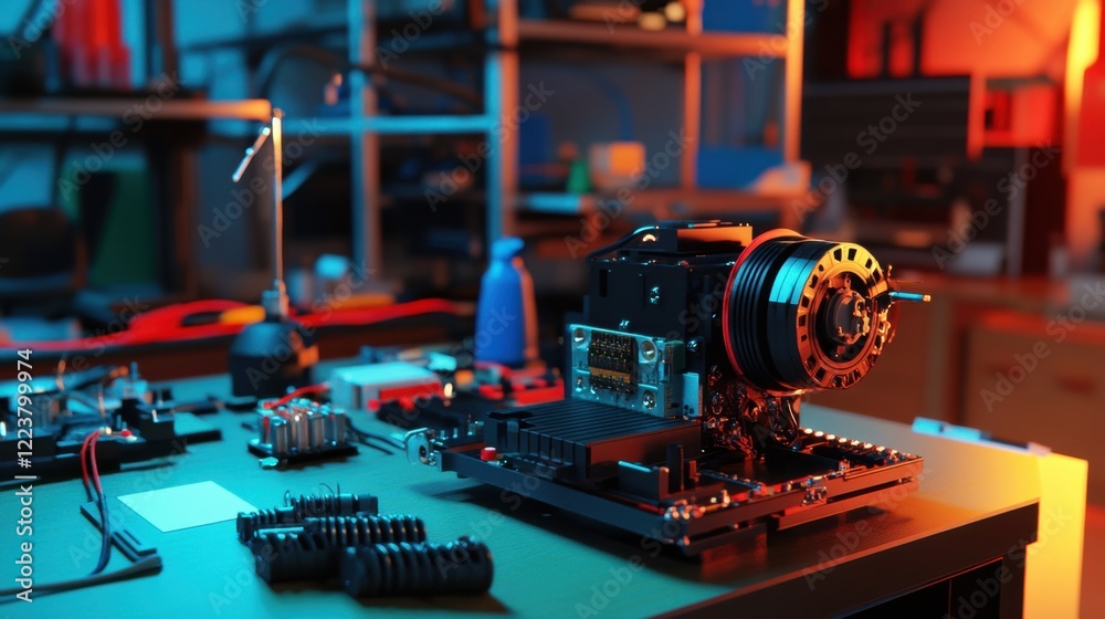 Poster a servo motor connected to a motion control module in a laboratory environment.