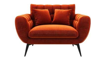 Luxurious Orange Velvet Armchair: A  plush, inviting armchair upholstered in rich orange velvet, with button tufted cushions and sleek black legs, designed for ultimate comfort and sophistication. 
