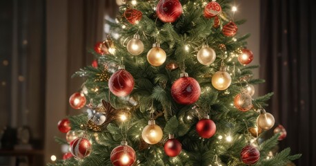 Decorative banner with festive lights and ornaments on a Christmas tree,  festive, Christmas,  holiday