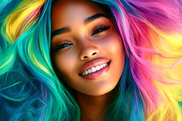 Fototapeta premium Long coiffure - multicolored hair. Commercial commercial conceptual art. Pretty happy black girl - for ads, ad page and web banner use. Black hair advertising shoot. Black fashion portrait.