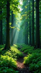 Obraz premium Lush forest with tall trees and vibrant greenery, nature, outdoor, foliage