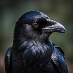 A majestic male Raven gazing intensely into the lens, its piercing black eyes making direct contact, set against a dark, muted background