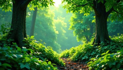 Obraz premium Lush greenery of forest plants and shrubs, nature, lush, greenery