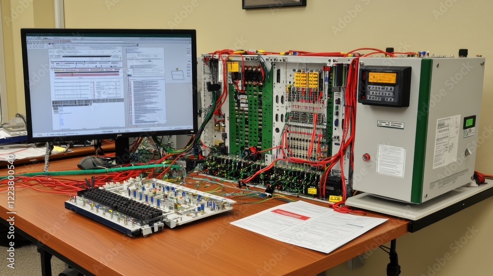 Poster a servo motor testing rig with sensors and diagnostic equipment attached.