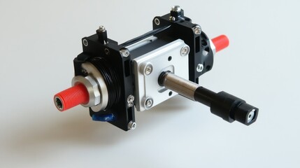 A servo motor with a belt-drive pulley attached to a precision mechanism.