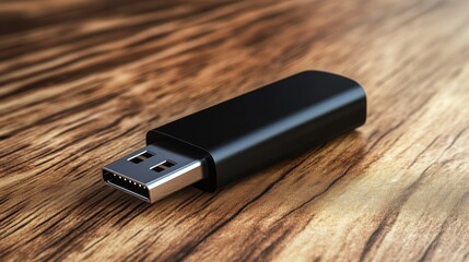 Looking closely at a black USB flash drive placed on a wooden surface in a well-lit environment