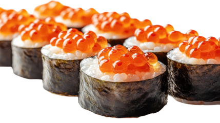 Ikura Gunkan Sushi: A delectable row of Gunkanmaki sushi, each topped with vibrant, glistening ikura (salmon roe), artfully arranged for a visually appealing and mouthwatering presentation. 