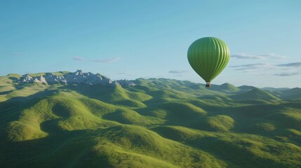 Obraz premium Hot air balloon glides over lush green hills under a clear blue sky in a serene landscape