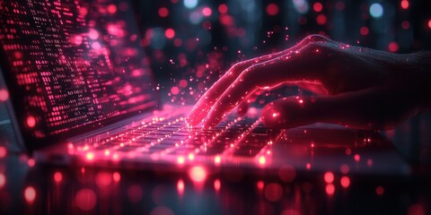 Futuristic Digital Workspace Closeup of Hands Typing on Glowing Laptop Hologram Screen in Cyberpunk Style