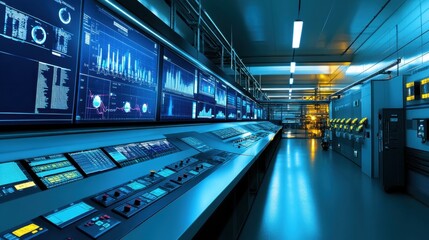 A sleek industrial workspace with MES charts and data visualized on multiple monitors.