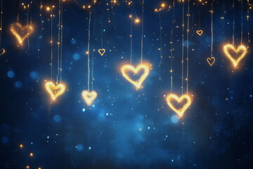 Glowing heart bokeh on soft blue backdrop, creating a magical romantic atmosphere. Ideal for Valentine's Day, love celebrations, dreamy wedding invitations, and elegant, affectionate designs.
